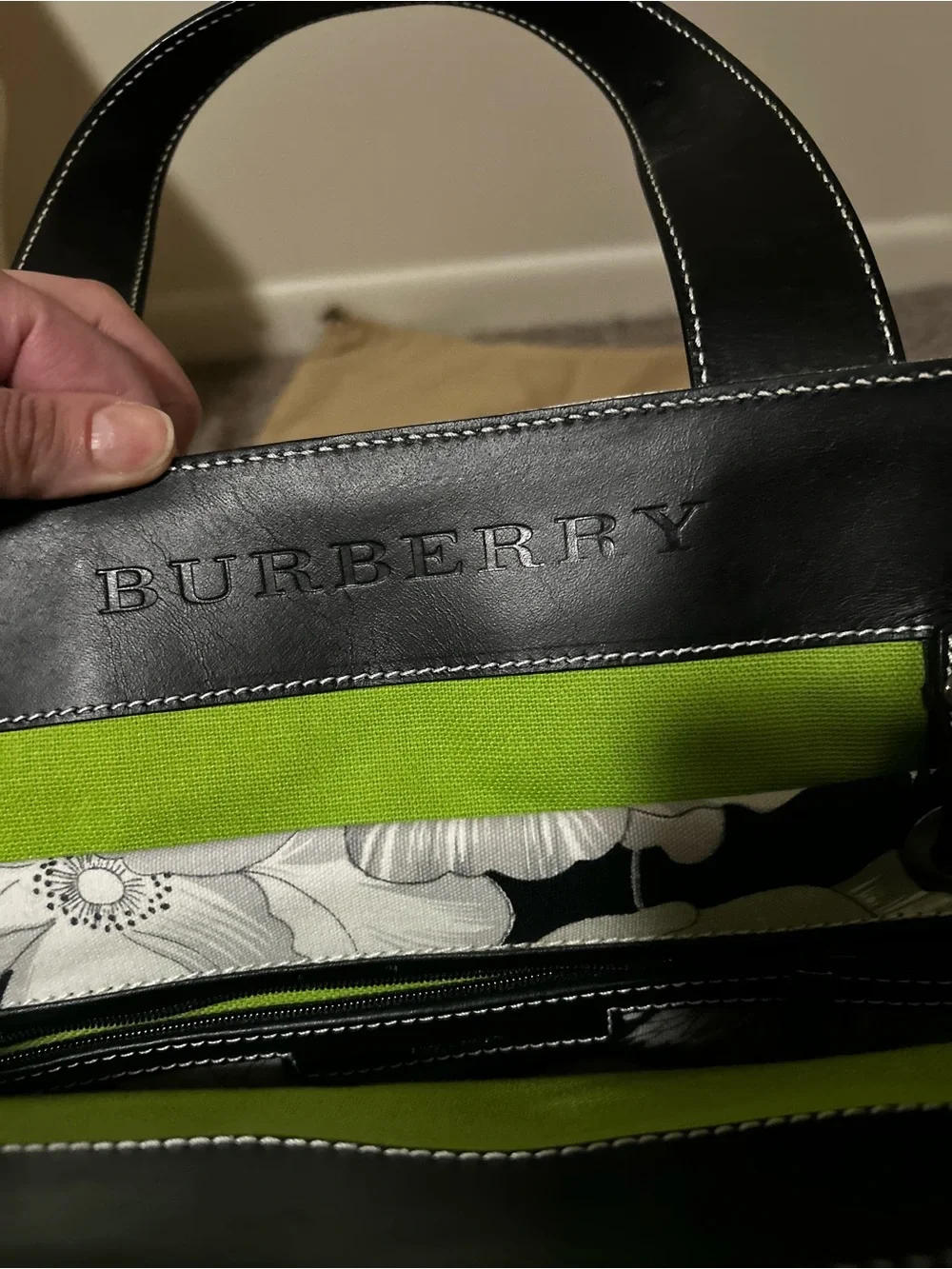 Burberry London Y2K Vintage Leather Trimmed Floral Canvas Tote With Pouch
